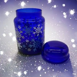 Libbey Canister Jar Christmas Candy Holiday Cobalt Blue Glass Snowflakes & Lid